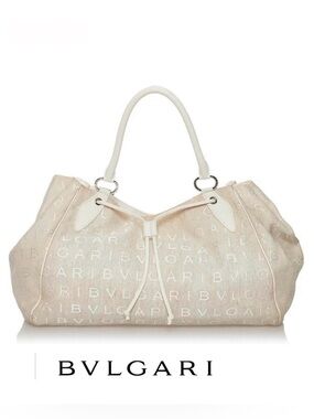 BVLGARI Logo Mania Off White Canvas w Leather Trim Drawstring Large Shoulder Bag
